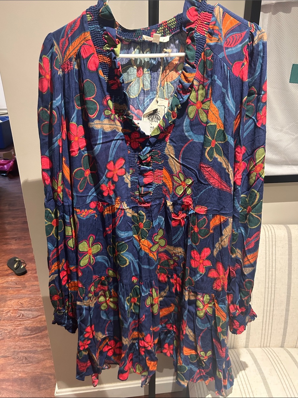 easel Navy Floral Button-Front Dress with Green Accents